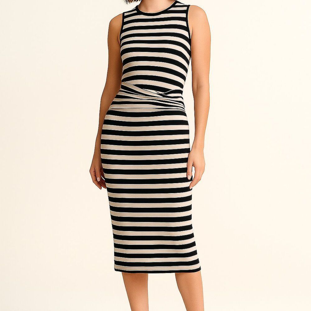Rachel Roy Dress Cotton Midi Striped Stretchy Sleeveless Fitted Cream Black S